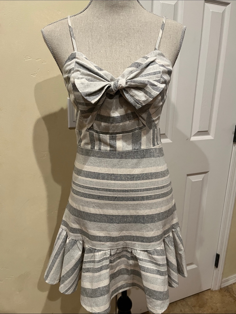 CAGE Striped Bow-Front Dress in Gray and Cream Cotton & Linen